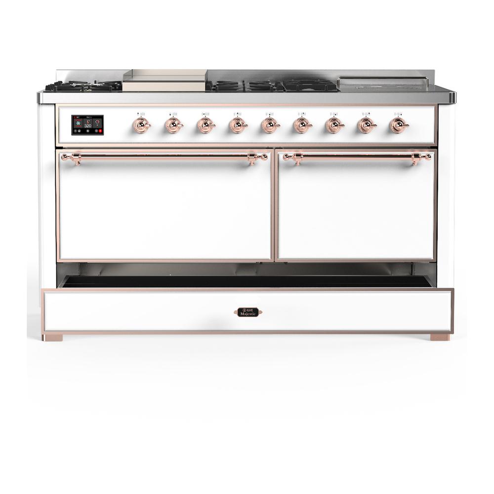 Ilve UM60FSQNR3WHP Ilve Um60Fsqnr3Whp Majestic Iii 60 Inch Dual Fuel Range With 7 Burners, Griddle And French Top, Dual Function Burner With Up To 25,000 Btu (Natural Gas, Solid Door, White, Copper)