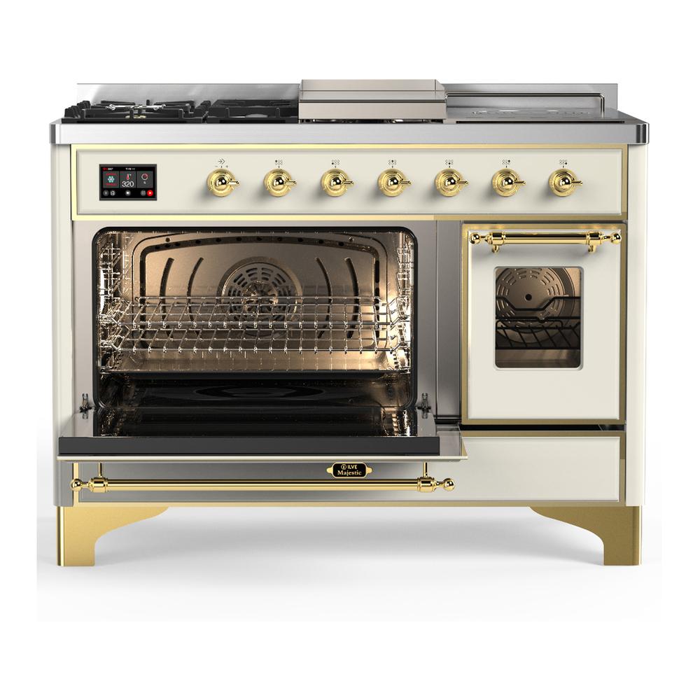 Ilve UM48FSNR3AWG Ilve Um48Fsnr3Awg Majestic Iii 48 Inch Dual Fuel Range With 5 Black Brass Burners, Griddle And French Top, Dual Function Burner Up To 25,000 Btu (Natural Gas, Triple Glass Door, Antique White, Brass)