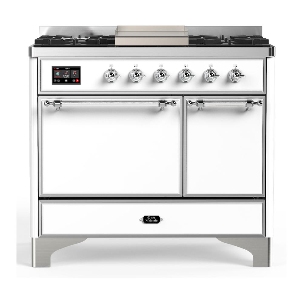 Ilve UMD40FQNR3WHCLP Ilve Umd40Fqnr3Whclp Majestic Iii 40 Inch Dual Fuel Range With 6 Burners And Griddle, Dual Function Burner Up To 25,000 Btu (Liquid Propane, Solid Door, White, Chrome)