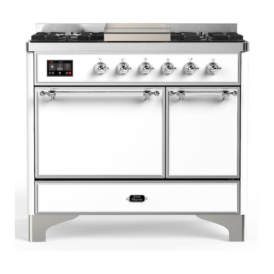 Ilve UMD40FQNR3WHCLP Ilve Umd40Fqnr3Whclp Majestic Iii 40 Inch Dual Fuel Range With 6 Burners And Griddle, Dual Function Burner Up To 25,000 Btu (Liquid Propane, Solid Door, White, Chrome)