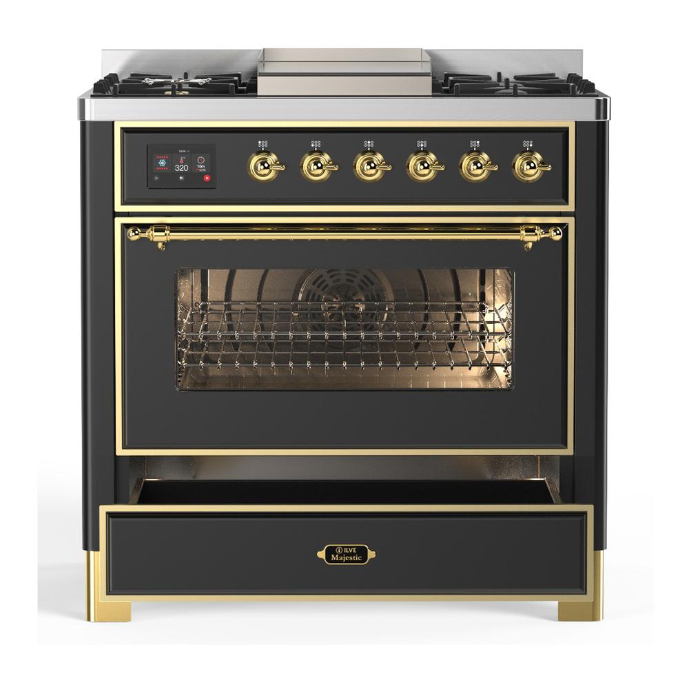 Ilve UM36FNR3MGGLP Ilve Um36Fnr3Mgglp Majestic Iii 36 Inch Dual Fuel Range With 6 Black Brass Burners And Griddle, Dual Function Burner Up To 25,000 Btu (Triple Glass Door, Graphite Matte, Brass, Liquid Propane)