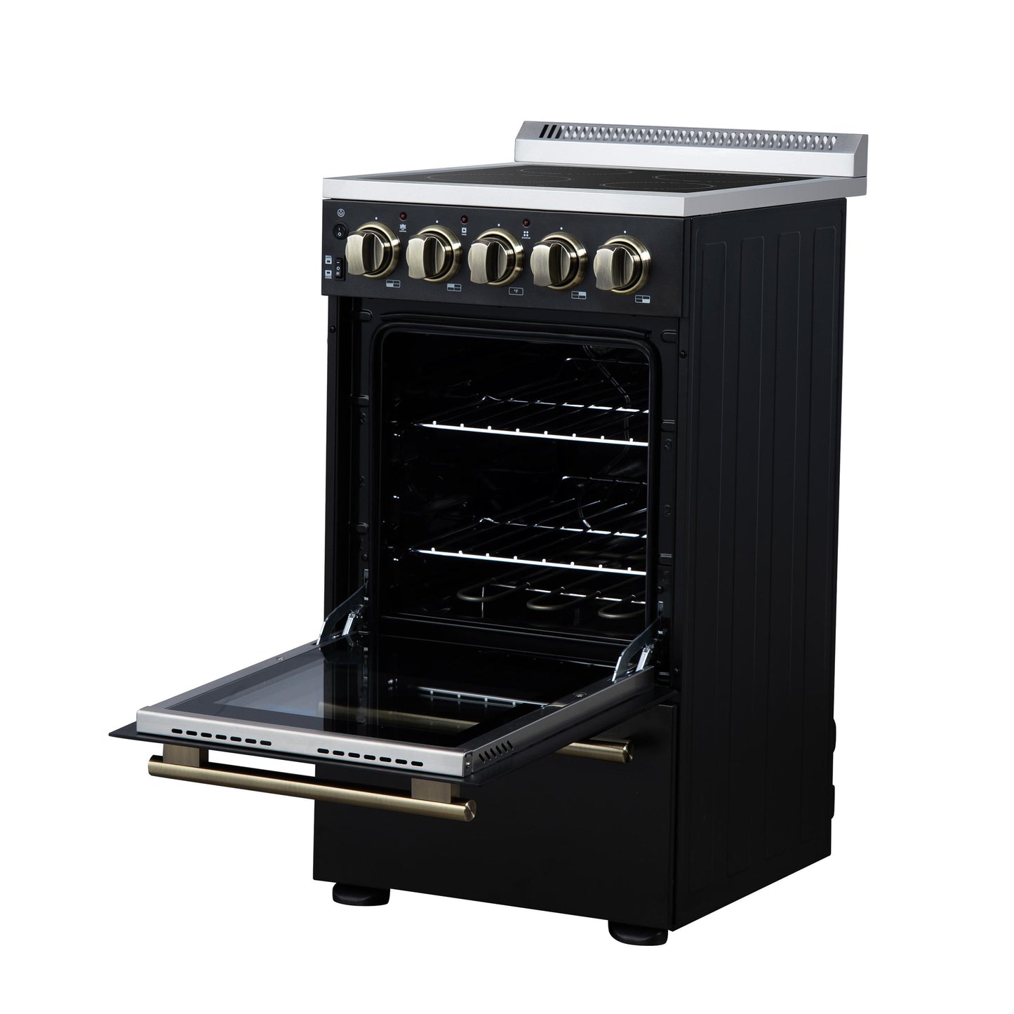 Forno FFSEL605220BLK Forno Pallerano 20 Inch Freestanding Electric Range In Black With Antique Brass, Compact Design