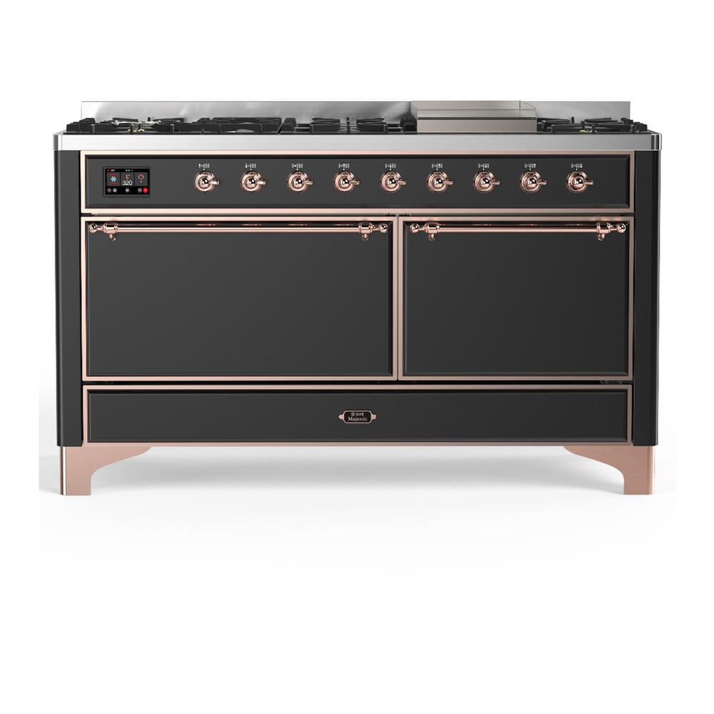 Ilve UM60FQNR3MGPLP Ilve Um60Fqnr3Mgplp Majestic Iii 60 Inch Dual Fuel Range With 9 Burners And Griddle, Dual Function Burner Up To 25,000 Btu (Liquid Propane, Solid Door, Graphite Matte, Copper)