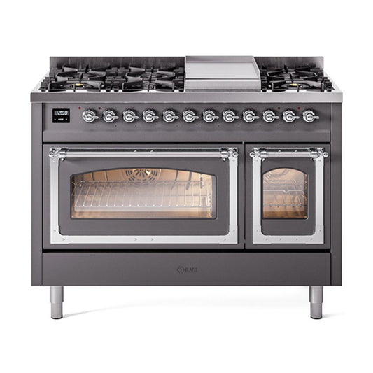 Ilve UN48FNMPMGC Ilve Un48Fnmpmgc Nostalgie Ii Noblesse 48" Dual Fuel Range (8 Sealed Burners + Griddle, Natural Gas, Triple Glass Door, Graphite Matte, Chrome)