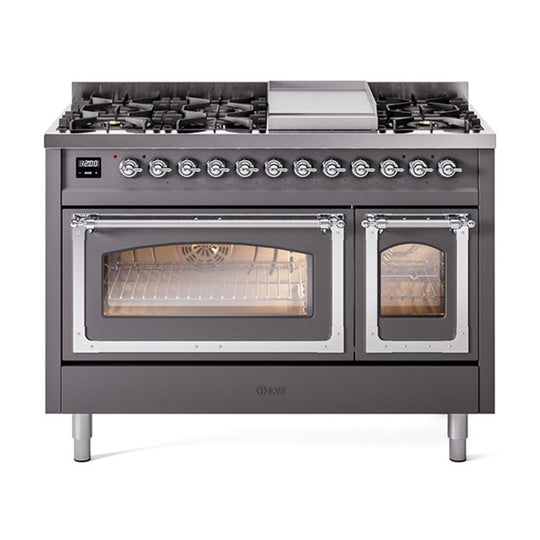 Ilve UN48FNMPMGC Ilve Un48Fnmpmgc Nostalgie Ii Noblesse 48" Dual Fuel Range (8 Sealed Burners + Griddle, Natural Gas, Triple Glass Door, Graphite Matte, Chrome)