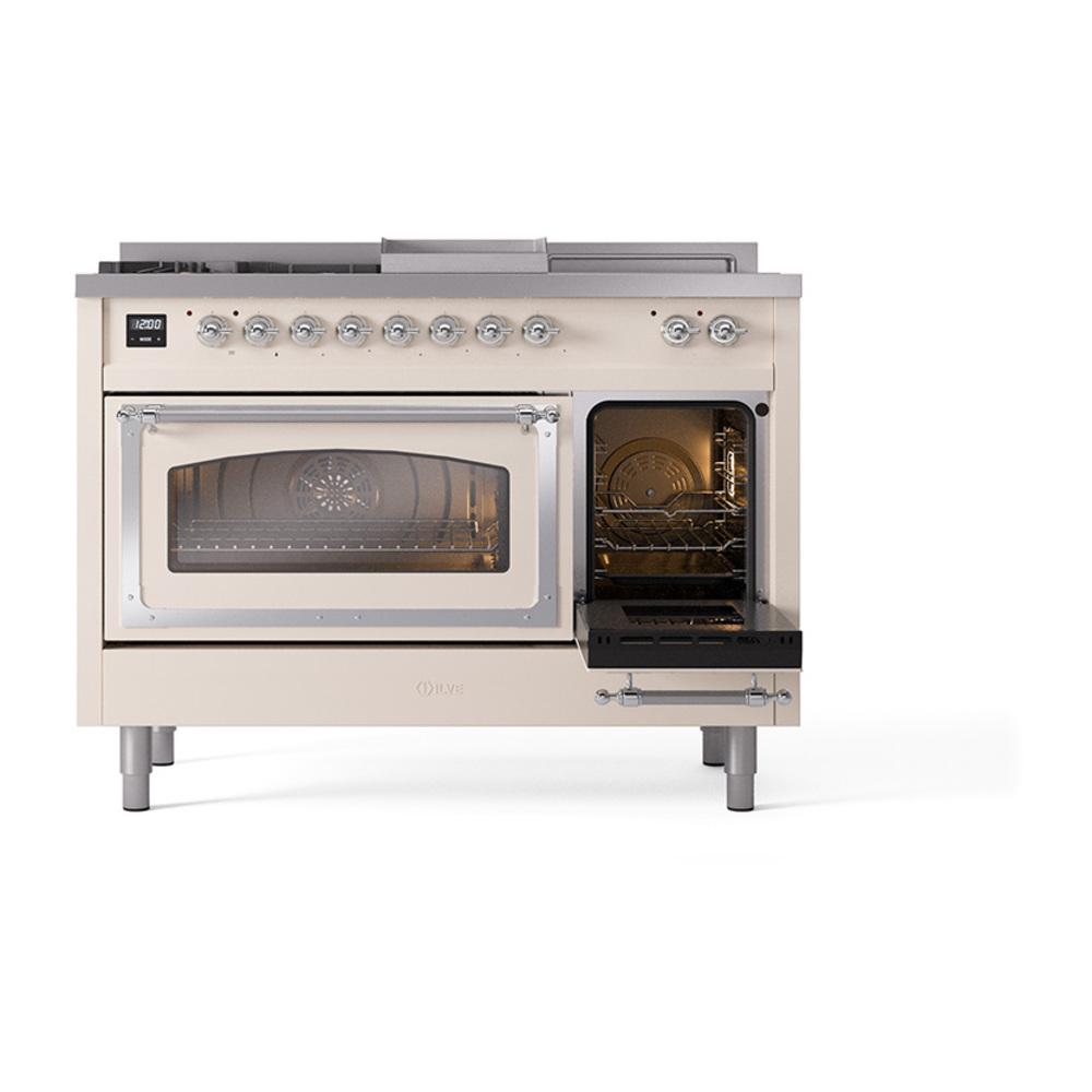 Ilve UN48FSNMPAWCLP Ilve Un48Fsnmpawclp Nostalgie Ii Noblesse 48" Dual Fuel Range (5 Sealed Burners + Griddle + French Top, Liquid Propane, Triple Glass Door, Antique White, Chrome)
