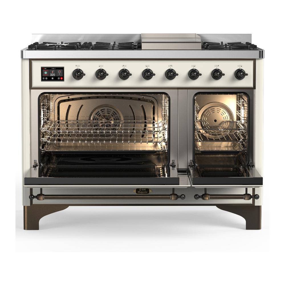 Ilve UM48FQNR3AWB Ilve Um48Fqnr3Awb Majestic Iii 48 Inch Dual Fuel Range With 8 Burners And Griddle, Dual Function Burner Up To 25,000 Btu (Natural Gas, Solid Door, Antique White, Burnished)