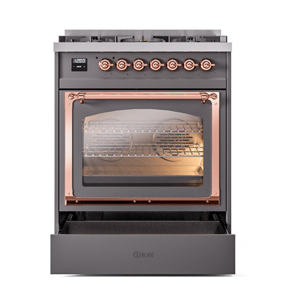 Ilve UN30NMPMGP Ilve Un30Nmpmgp Nostalgie Ii Noblesse 30" Dual Fuel Range (Natural Gas, Triple Glass Door, Graphite Matte, Copper)