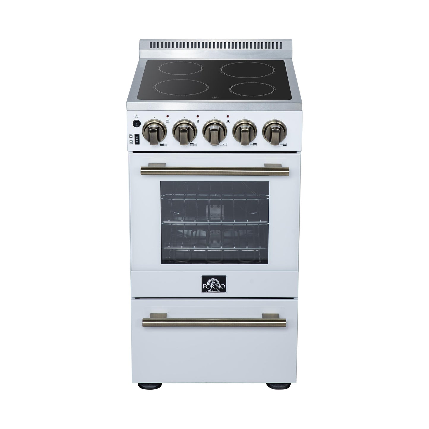 Forno FFSEL605220WHT Forno Pallerano 20 Inch Freestanding Electric Range In White With Antique Brass, Compact Design