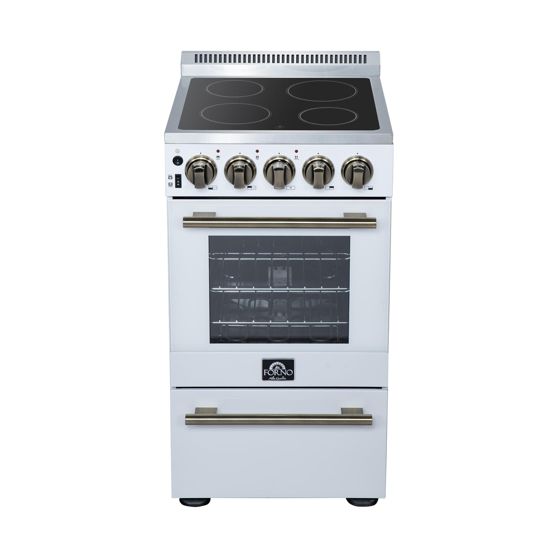 Forno FFSEL605220WHT Forno Pallerano 20 Inch Freestanding Electric Range In White With Antique Brass, Compact Design