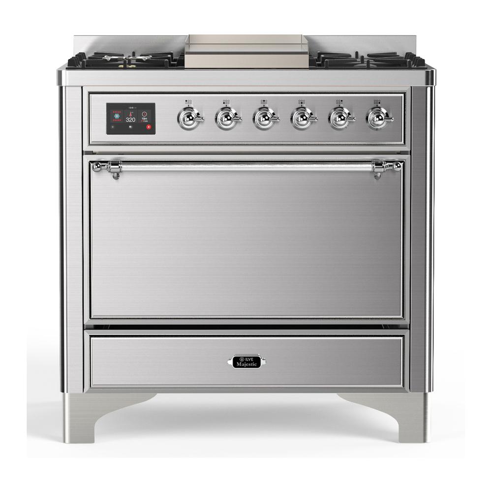 Ilve UM36FQNR3SSC Ilve Um36Fqnr3Ssc Majestic Iii 36 Inch Dual Fuel Range With 6 Black Brass Burners And Griddle, Dual Function Burner Up To 25,000 Btu (Solid Door, Stainless Steel, Chrome, Natural Gas)
