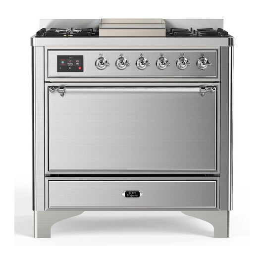 Ilve UM36FQNR3SSC Ilve Um36Fqnr3Ssc Majestic Iii 36 Inch Dual Fuel Range With 6 Black Brass Burners And Griddle, Dual Function Burner Up To 25,000 Btu (Solid Door, Stainless Steel, Chrome, Natural Gas)