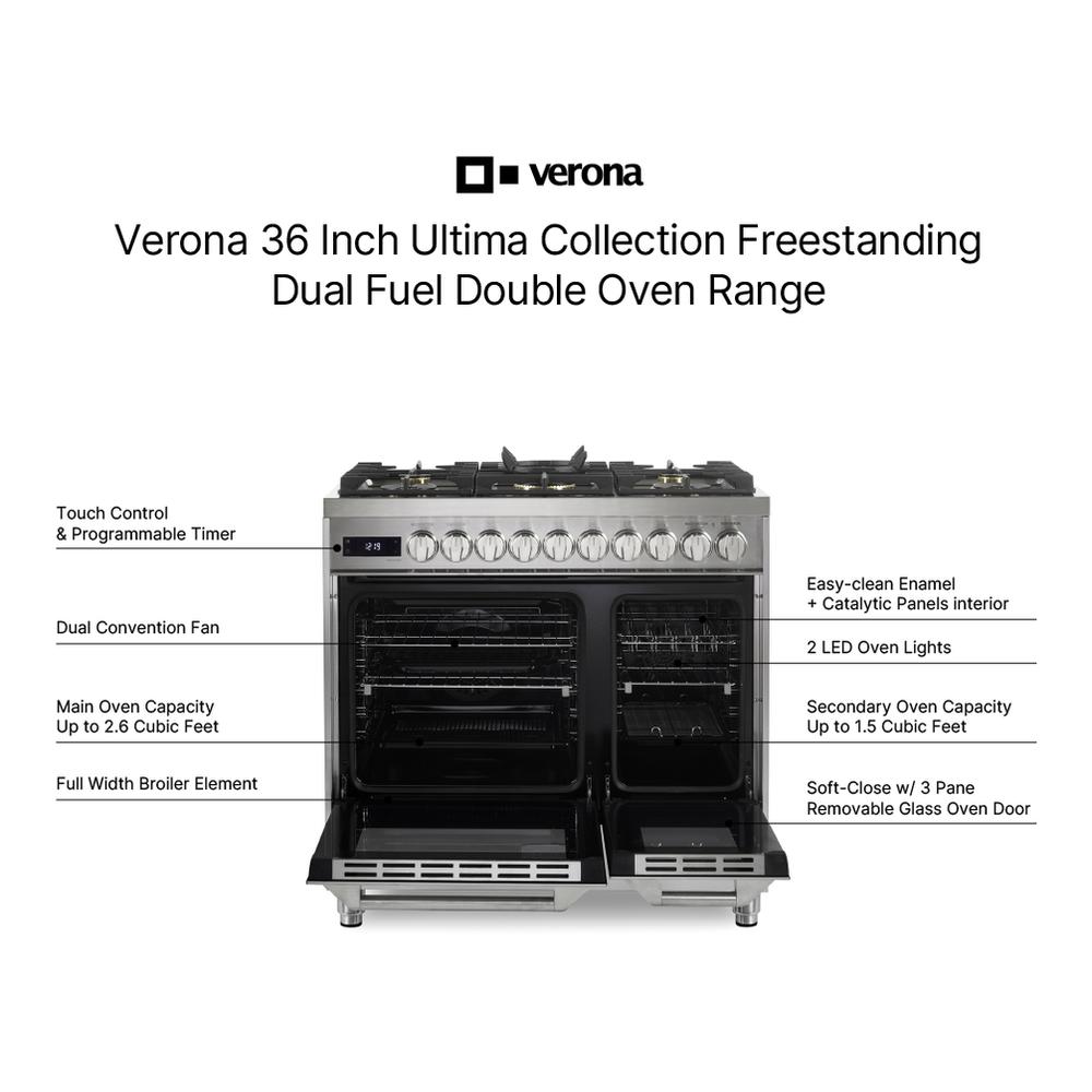Verona VUFSGE365DSS Verona Vufsge365Dss 36 Inch Ultima Collection Double Oven Dual Fuel Range With 5 Brass Burners, 4.1 Cu. Ft. Total Oven Capacity