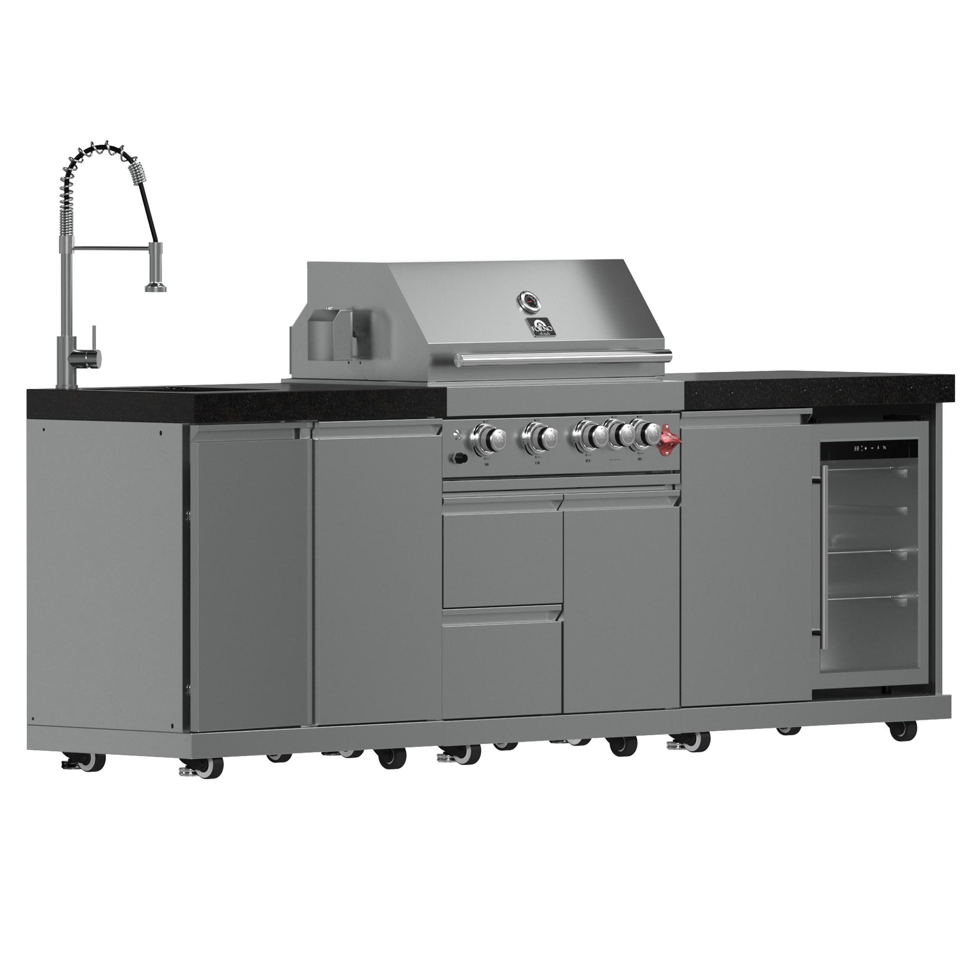 Forno FODKT2506BLK Forno Bulnes 30-Inch Bbq, 60,000 Btu, 3 Burners With Sear & Rotisserie Infrared Burners, Stainless Steel Outdoor Kitchen With 1.8 Cu.Ft. Beverage Center & Black Granite Countertops