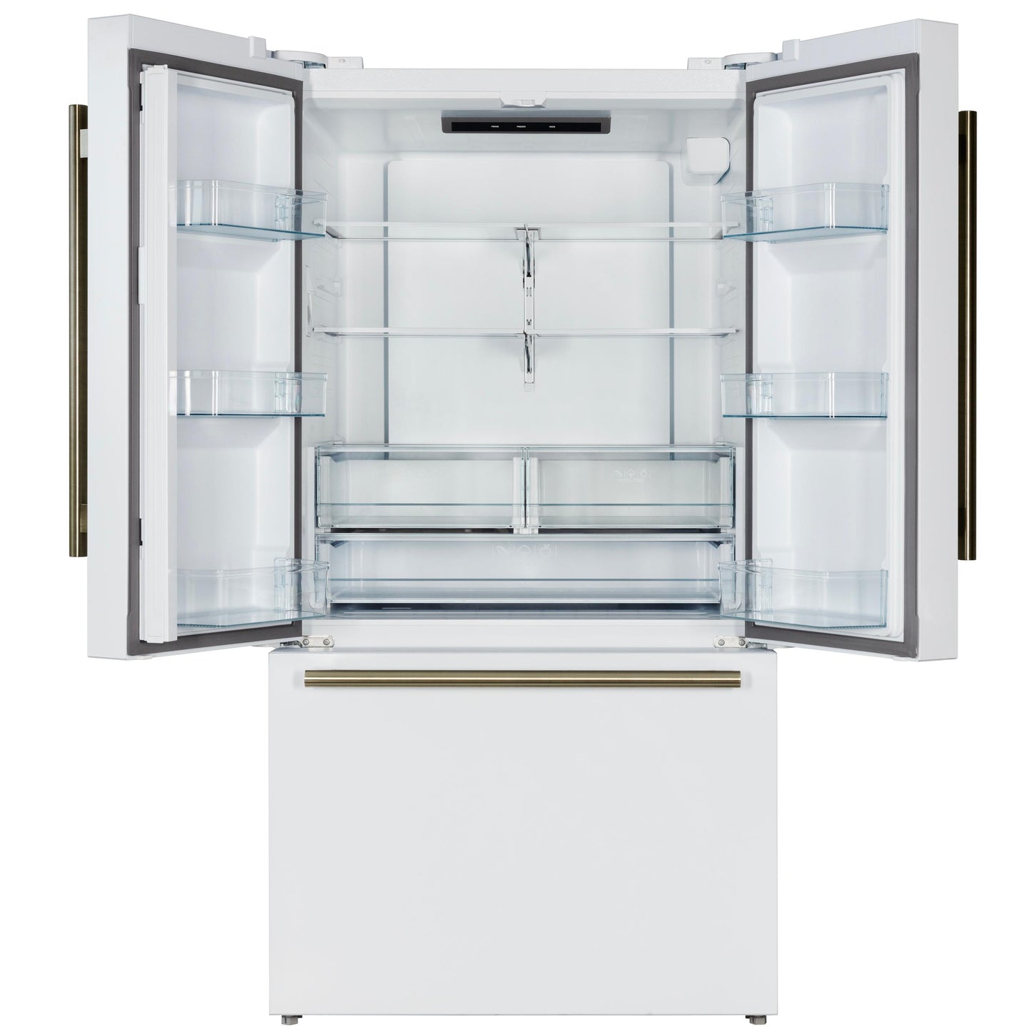 Forno FFFFD178336WHT Forno Rivello 36 Inch French Door Refrigerator In White With Antique Brass, Internal Water Dispenser, Filtered Ice, Adjustable Shelves, Energy Star Certified