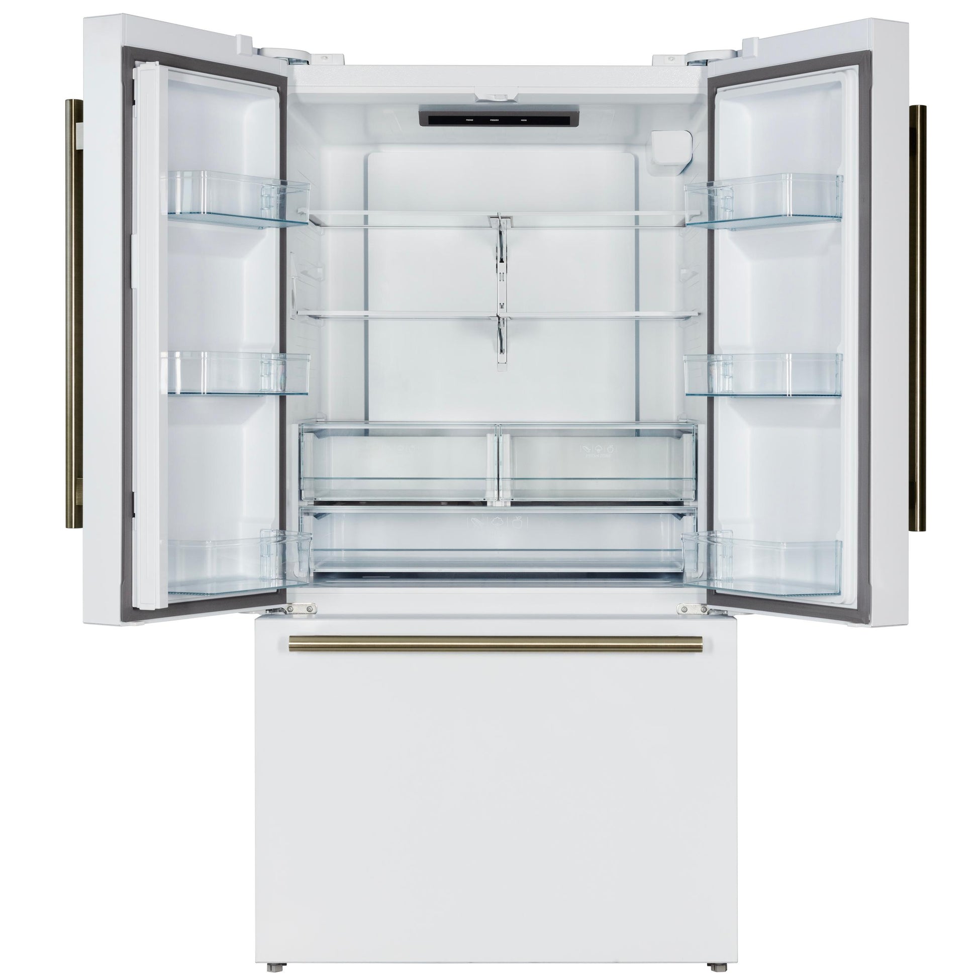 Forno FFFFD178336WHT Forno Rivello 36 Inch French Door Refrigerator In White With Antique Brass, Internal Water Dispenser, Filtered Ice, Adjustable Shelves, Energy Star Certified