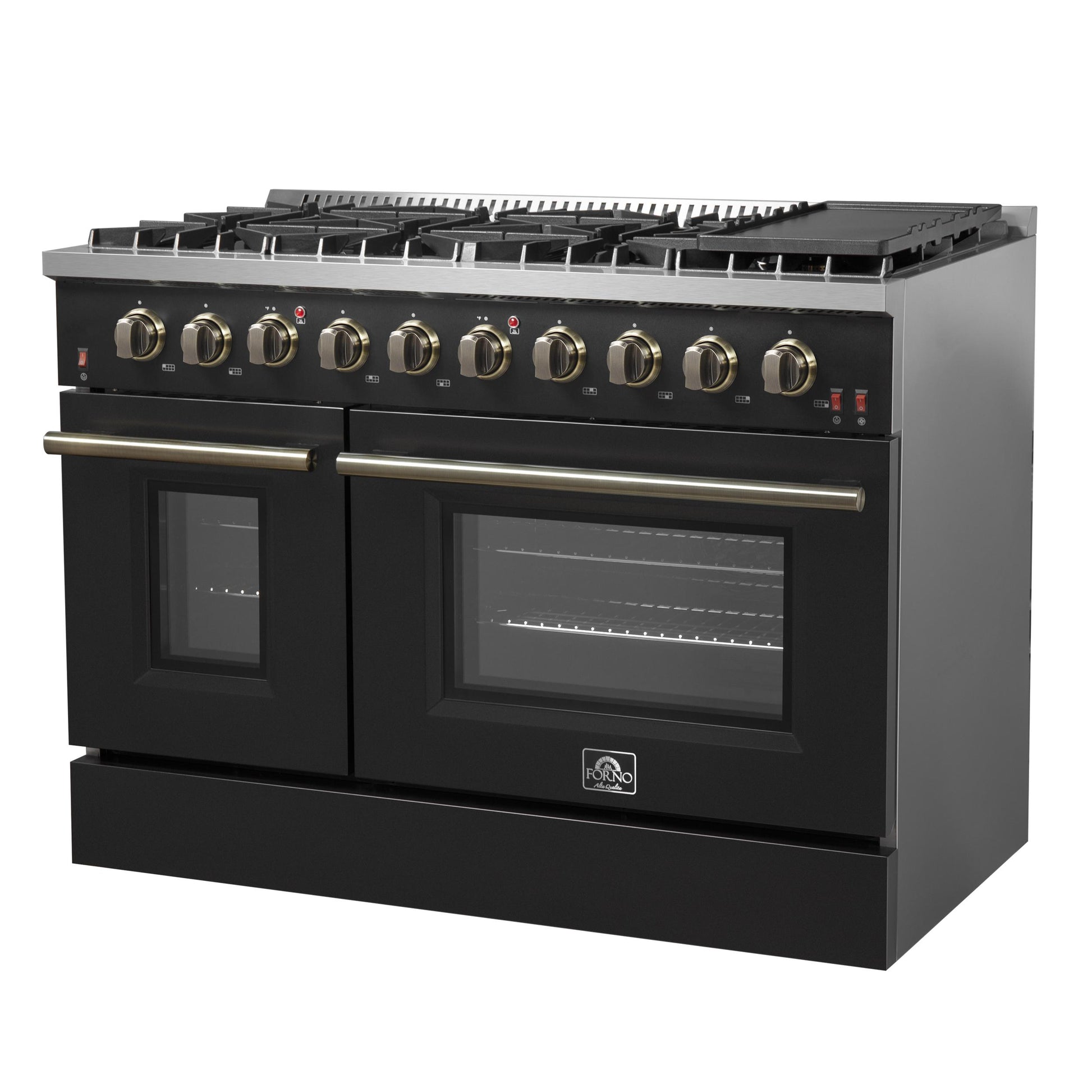Forno FFSGS624448BLK Forno Galiano 48-Inch Gas Range Black & Antique Brass Design, 8 Burners, 107,000 Btu, Griddle, 6.58 Cu.Ft. Double Ovens