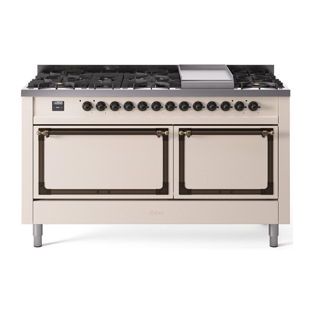 Ilve UN60FQNMPAWBLP Ilve Un60Fqnmpawblp Nostalgie Ii Noblesse 60" Dual Fuel Range (9 Sealed Burners + Griddle, Liquid Propane, Solid Door, Antique White, Burnished)