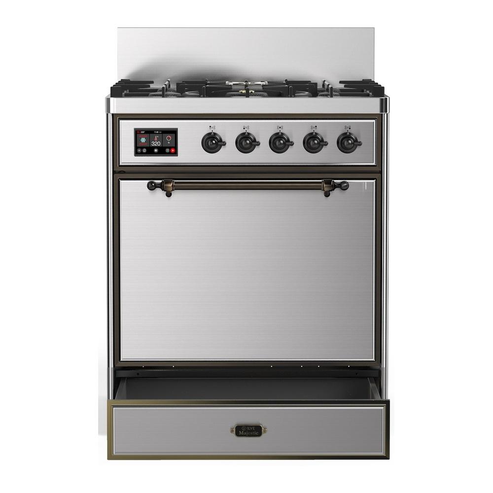 Ilve UM30QNR3SSBLP Ilve Um30Qnr3Ssblp Majestic Iii 30 Inch Dual Fuel Range With 5 Black Brass Burners, Dual Function Burner Up To 25,000 Btu (Liquid Propane, Solid Door, Stainless Steel, Burnished)