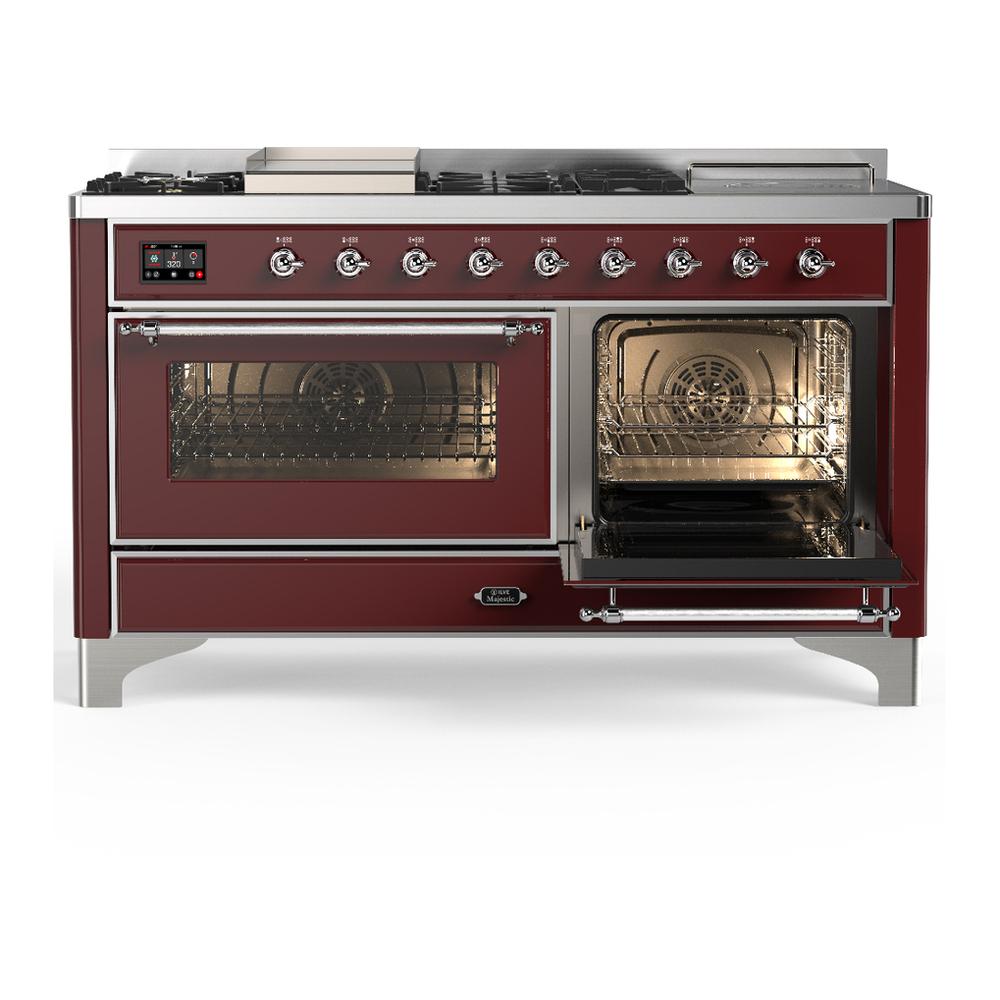 Ilve UM60FSNR3BUCLP Ilve Um60Fsnr3Buclp Majestic Iii 60 Inch Dual Fuel Range With 7 Burners, Griddle And French Top, Dual Function Burner With Up To 25,000 Btu (Liquid Propane, Triple Glass Door, Burgundy, Chrome)