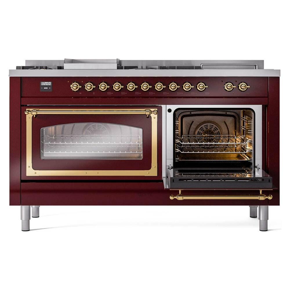 Ilve UN60FSNMPBUG Ilve Un60Fsnmpbug Nostalgie Ii Noblesse 60" Dual Fuel Range (7 Sealed Burners + Griddle + French Top, Natural Gas, Triple Glass Door, Burgundy, Brass)