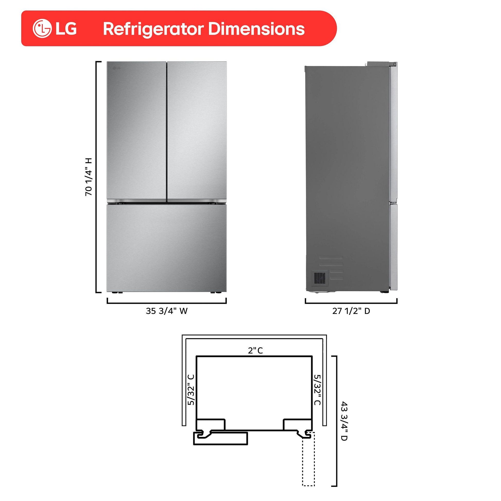 Lg LF25Z6211S 25 Cu. Ft. Counter-Depth Max&#8482; With Zero Clearance&#8482; 3-Door French Door Refrigerator With Thin Door Design