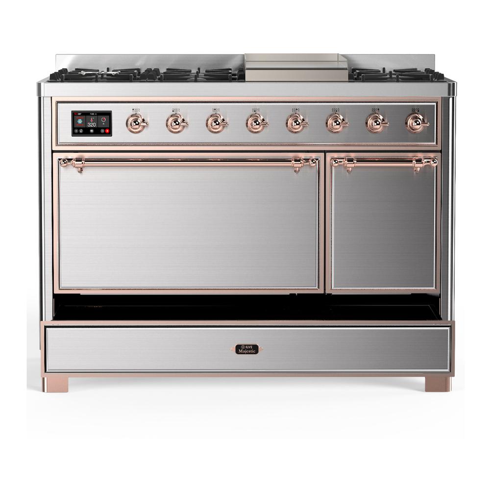 Ilve UM48FQNR3SSPLP Ilve Um48Fqnr3Ssplp Majestic Iii 48 Inch Dual Fuel Range With 8 Burners And Griddle, Dual Function Burner Up To 25,000 Btu (Liquid Propane, Solid Door, Stainless Steel, Copper)