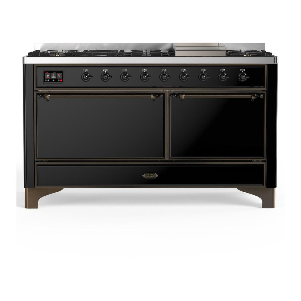 Ilve UM60FQNR3BKBLP Ilve Um60Fqnr3Bkblp Majestic Iii 60 Inch Dual Fuel Range With 9 Burners And Griddle, Dual Function Burner Up To 25,000 Btu (Liquid Propane, Solid Door, Glossy Black, Burnished)
