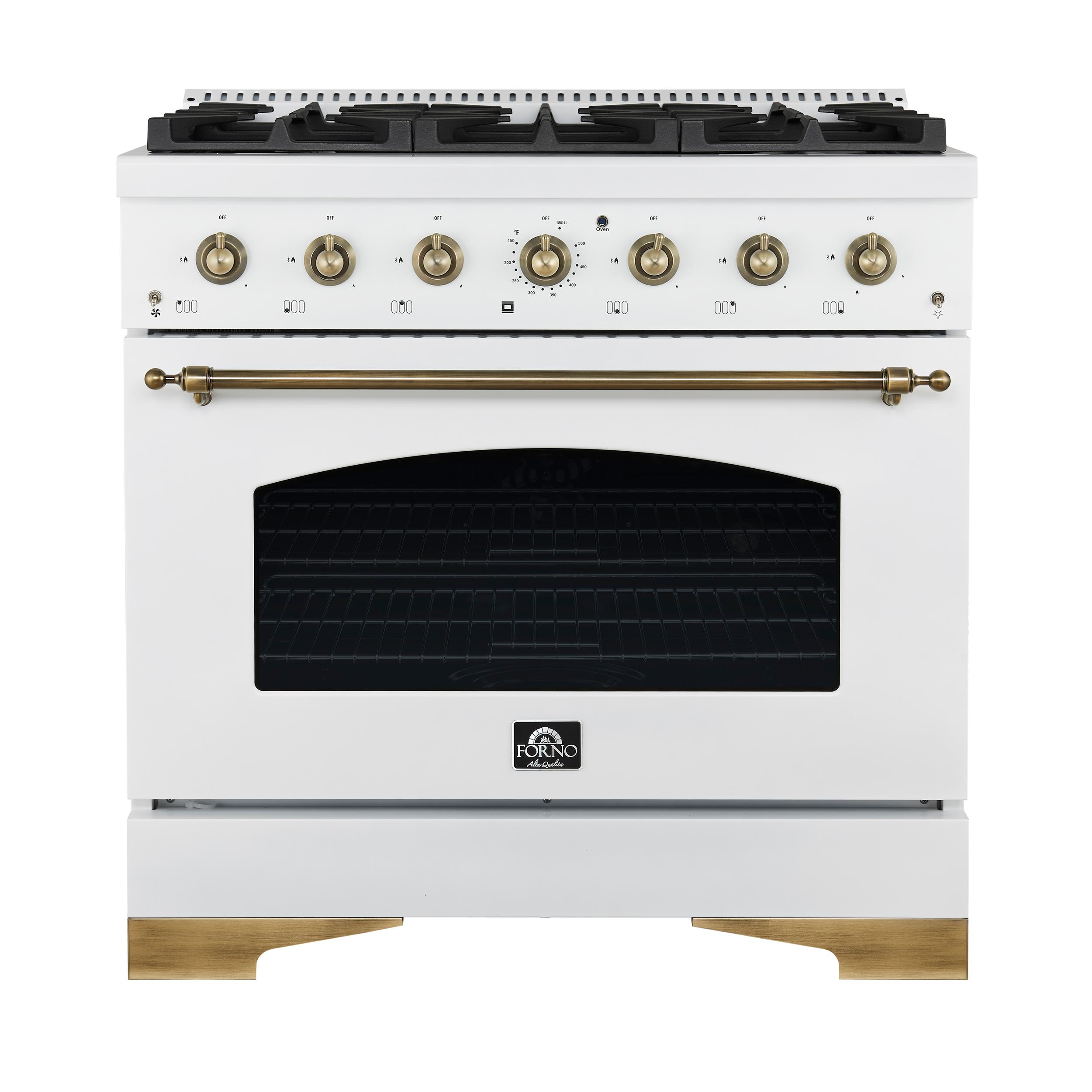 Forno FFSGS621936WHT Forno Antico 36-Inch Freestanding Gas Range, White, Antique Brass Design, 6 Burners, Convection Oven, Energy Efficient