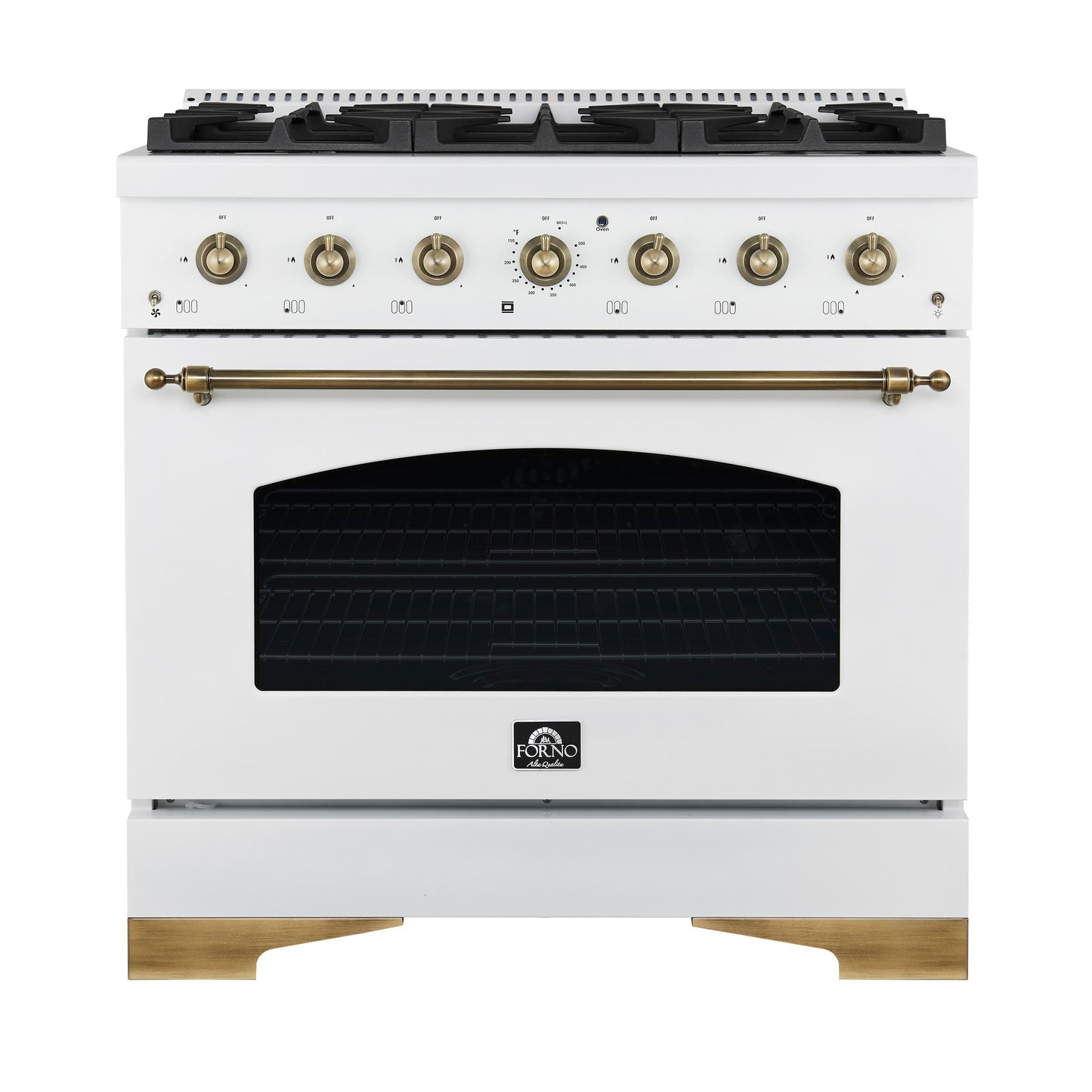 Forno FFSGS621936WHT Forno Antico 36-Inch Freestanding Gas Range, White, Antique Brass Design, 6 Burners, Convection Oven, Energy Efficient