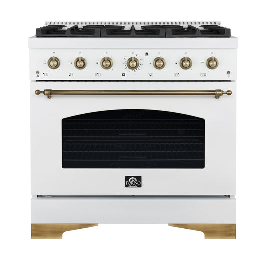 Forno FFSGS621936WHT Forno Antico 36-Inch Freestanding Gas Range, White, Antique Brass Design, 6 Burners, Convection Oven, Energy Efficient