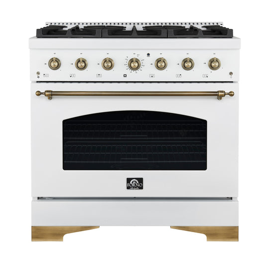 Forno FFSGS621936WHT Forno Antico 36-Inch Freestanding Gas Range, White, Antique Brass Design, 6 Burners, Convection Oven, Energy Efficient