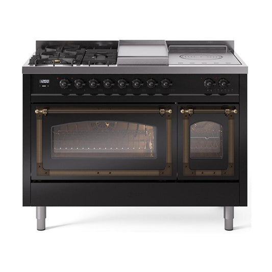 Ilve UN48FSNMPBKBLP Ilve Un48Fsnmpbkblp Nostalgie Ii Noblesse 48" Dual Fuel Range (5 Sealed Burners + Griddle + French Top, Liquid Propane, Triple Glass Door, Glossy Black, Burnished)