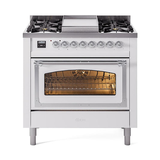 Ilve UN36FNMPWHCLP Ilve Un36Fnmpwhclp Nostalgie Ii Noblesse 36" Dual Fuel Range (Liquid Propane, Triple Glass Door, White, Chrome)
