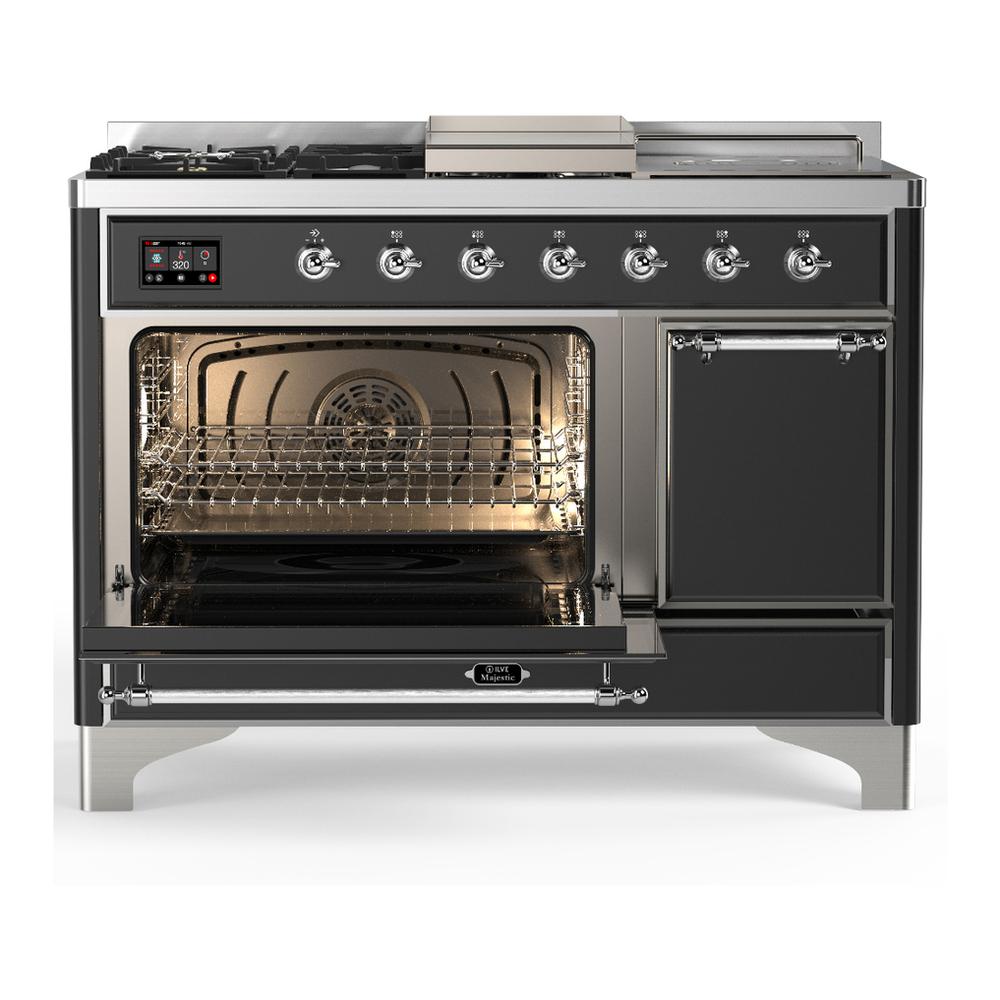 Ilve UM48FSQNR3MGC Ilve Um48Fsqnr3Mgc Majestic Iii 48 Inch Dual Fuel Range With 5 Black Brass Burners, Griddle And French Top, Dual Function Burner Up To 25,000 Btu (Natural Gas, Solid Door, Graphite Matte, Chrome)