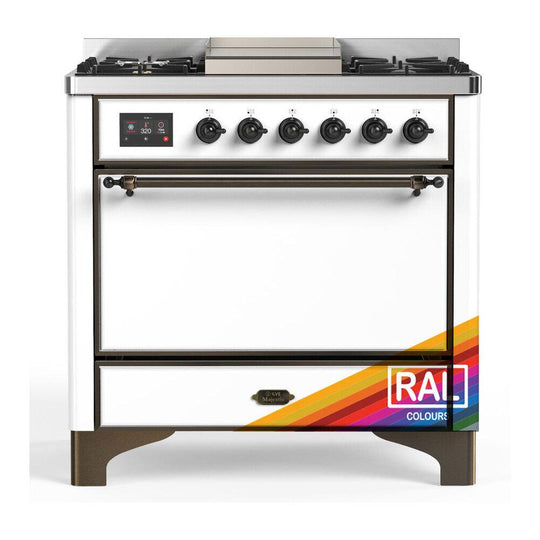 Ilve UM36FQNR3RAB Ilve Um36Fqnr3Rab Majestic Iii 36 Inch Dual Fuel Range With 6 Black Brass Burners And Griddle, Dual Function Burner Up To 25,000 Btu (Solid Door, Ral, Burnished, Natural Gas)