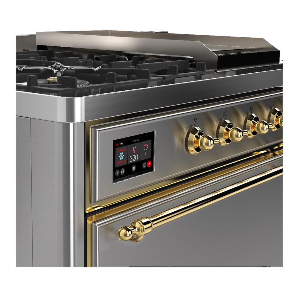 Ilve UM48FSQNR3SSG Ilve Um48Fsqnr3Ssg Majestic Iii 48 Inch Dual Fuel Range With 5 Black Brass Burners, Griddle And French Top, Dual Function Burner Up To 25,000 Btu (Natural Gas, Solid Door, Stainless Steel, Brass)