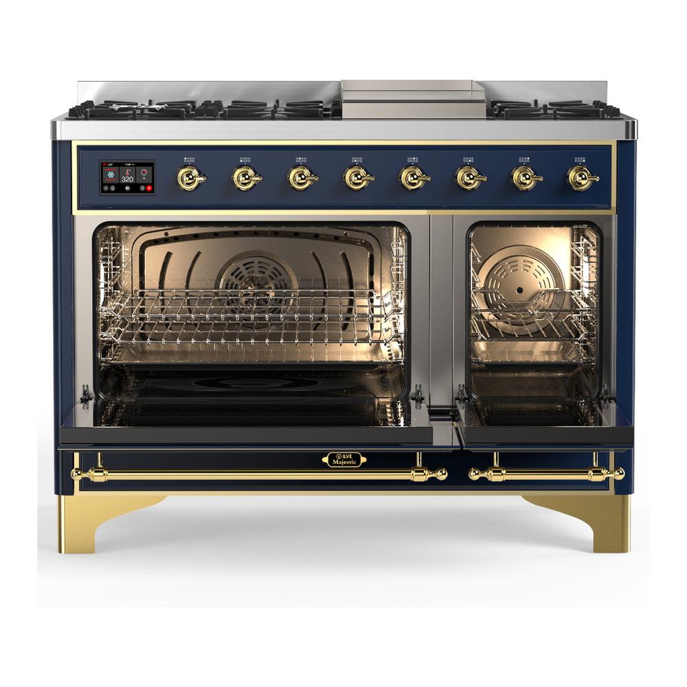 Ilve UM48FNR3MBGLP Ilve Um48Fnr3Mbglp Majestic Iii 48 Inch Dual Fuel Range With 8 Burners And Griddle, Dual Function Burner Up To 25,000 Btu (Liquid Propane, Triple Glass Door, Midnight Blue, Brass)