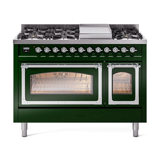 Ilve UN48FNMPEGC Ilve Un48Fnmpegc Nostalgie Ii Noblesse 48" Dual Fuel Range (8 Sealed Burners + Griddle, Natural Gas, Triple Glass Door, Emerald Green, Chrome)