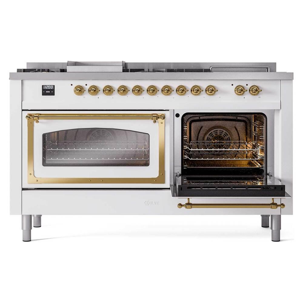 Ilve UN60FSNMPWHG Ilve Un60Fsnmpwhg Nostalgie Ii Noblesse 60" Dual Fuel Range (7 Sealed Burners + Griddle + French Top, Natural Gas, Triple Glass Door, White, Brass)