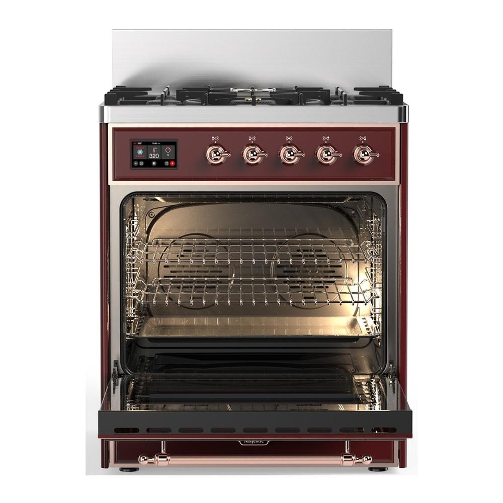 Ilve UM30QNR3BUPLP Ilve Um30Qnr3Buplp Majestic Iii 30 Inch Dual Fuel Range With 5 Black Brass Burners, Dual Function Burner Up To 25,000 Btu (Liquid Propane, Solid Door, Burgundy, Copper)