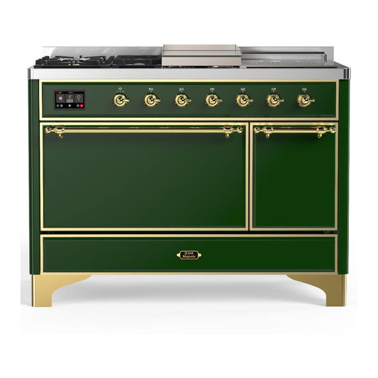 Ilve UM48FSQNR3EGG Ilve Um48Fsqnr3Egg Majestic Iii 48 Inch Dual Fuel Range With 5 Black Brass Burners, Griddle And French Top, Dual Function Burner Up To 25,000 Btu (Natural Gas, Solid Door, Emerald Green, Brass)