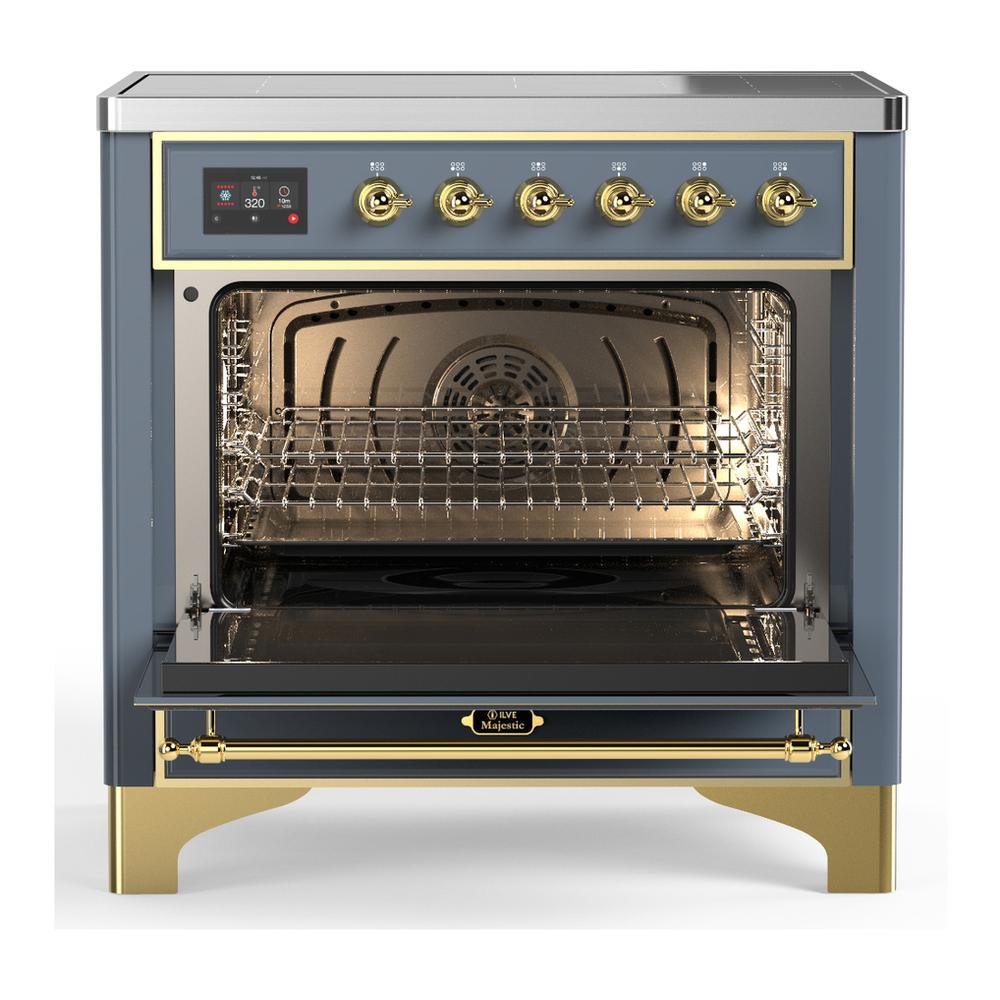 Ilve UMIB36QNR3BGG Ilve Umib36Qnr3Bgg Majestic Iii 36 Inch Induction Range With 6 Elements, 3.5 Cu. Ft. Total Oven Capacity (Solid Door, Blue Grey, Brass)