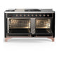 Ilve UM60FSQNR3BKPLP Ilve Um60Fsqnr3Bkplp Majestic Iii 60 Inch Dual Fuel Range With 7 Burners, Griddle And French Top, Dual Function Burner With Up To 25,000 Btu (Liquid Propane, Solid Door, Glossy Black, Copper)