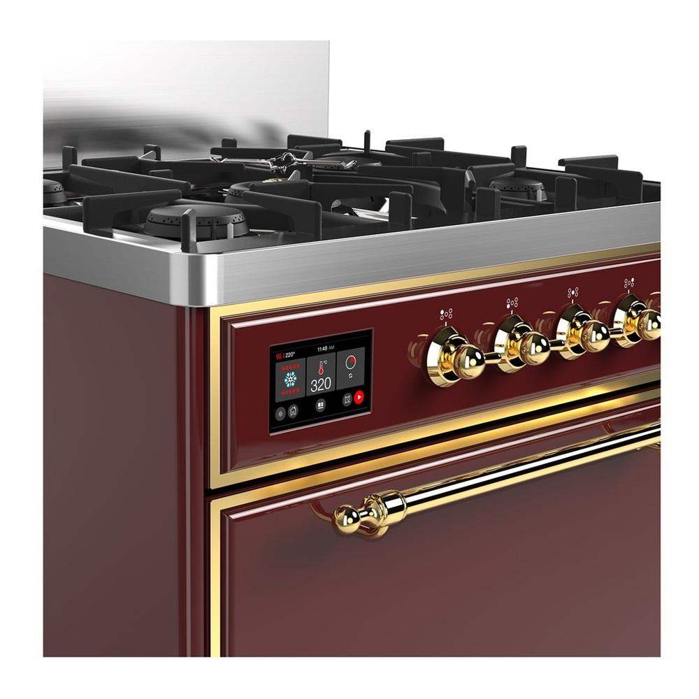 Ilve UM30QNR3BUGLP Ilve Um30Qnr3Buglp Majestic Iii 30 Inch Dual Fuel Range With 5 Black Brass Burners, Dual Function Burner Up To 25,000 Btu (Liquid Propane, Solid Door, Burgundy, Brass)