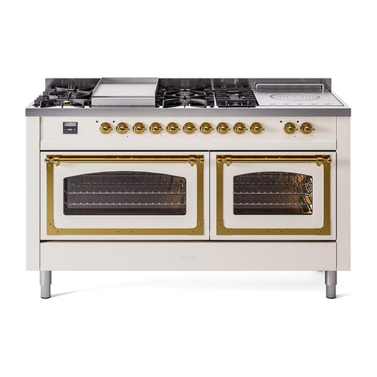 Ilve UN60FSNMPAWG Ilve Un60Fsnmpawg Nostalgie Ii Noblesse 60" Dual Fuel Range (7 Sealed Burners + Griddle + French Top, Natural Gas, Triple Glass Door, Antique White, Brass)