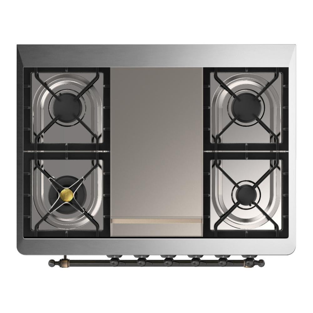 Ilve UM36FNR3SSBLP Ilve Um36Fnr3Ssblp Majestic Iii 36 Inch Dual Fuel Range With 6 Black Brass Burners And Griddle, Dual Function Burner Up To 25,000 Btu (Triple Glass Door, Stainless Steel, Burnished, Liquid Propane)