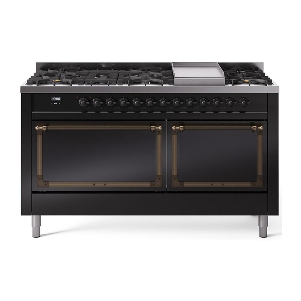Ilve UN60FQNMPBKBLP Ilve Un60Fqnmpbkblp Nostalgie Ii Noblesse 60" Dual Fuel Range (9 Sealed Burners + Griddle, Liquid Propane, Solid Door, Glossy Black, Burnished)