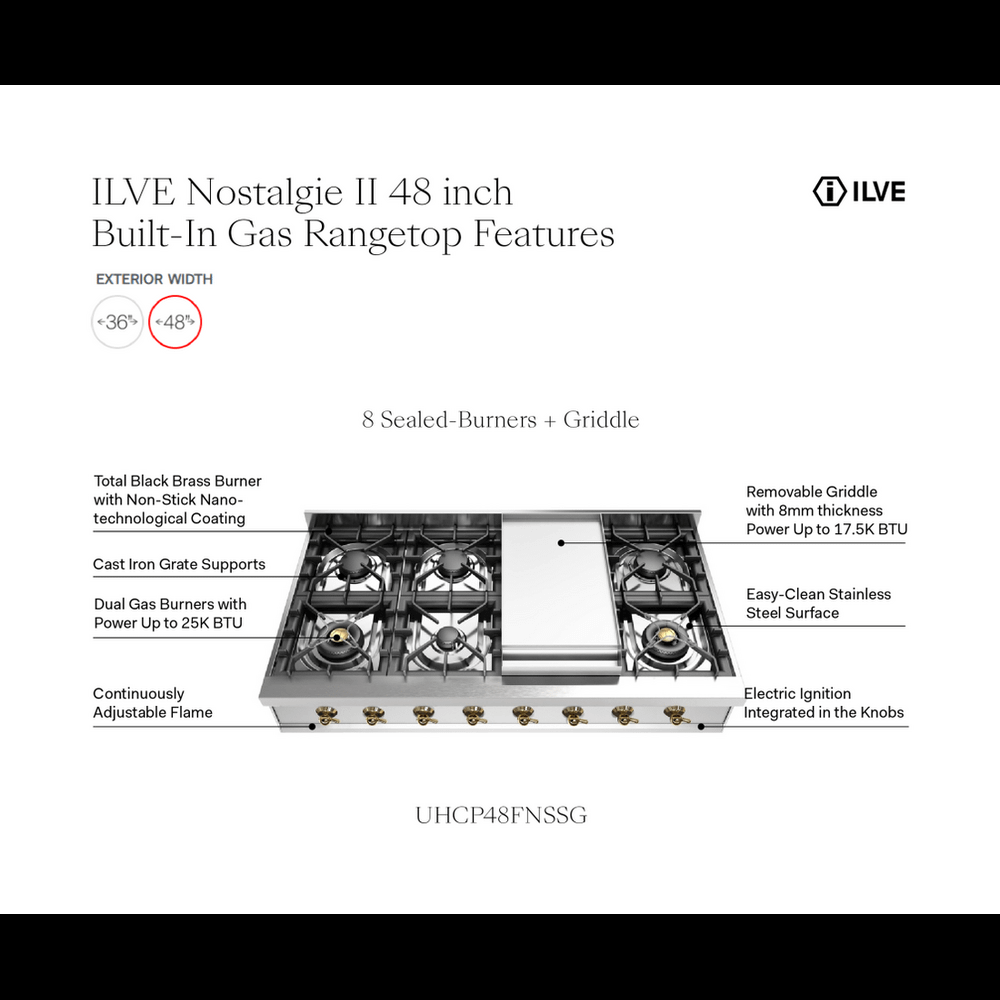 Ilve UHCP48FNSSGLP Ilve Uhcp48Fnssglp Nostalgie Ii 48 Inch Built-In Gas Rangetop With Griddle, In Stainless Steel (Liquid Propane, Brass)