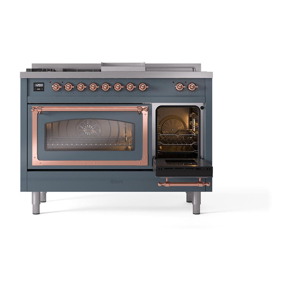 Ilve UN48FSNMPBGPLP Ilve Un48Fsnmpbgplp Nostalgie Ii Noblesse 48" Dual Fuel Range (5 Sealed Burners + Griddle + French Top, Liquid Propane, Triple Glass Door, Blue Grey, Copper)